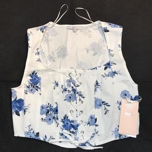 Blashe Women’s White Blue Floral Lace Up Corset Cropped Sleeveless ScoopNeck